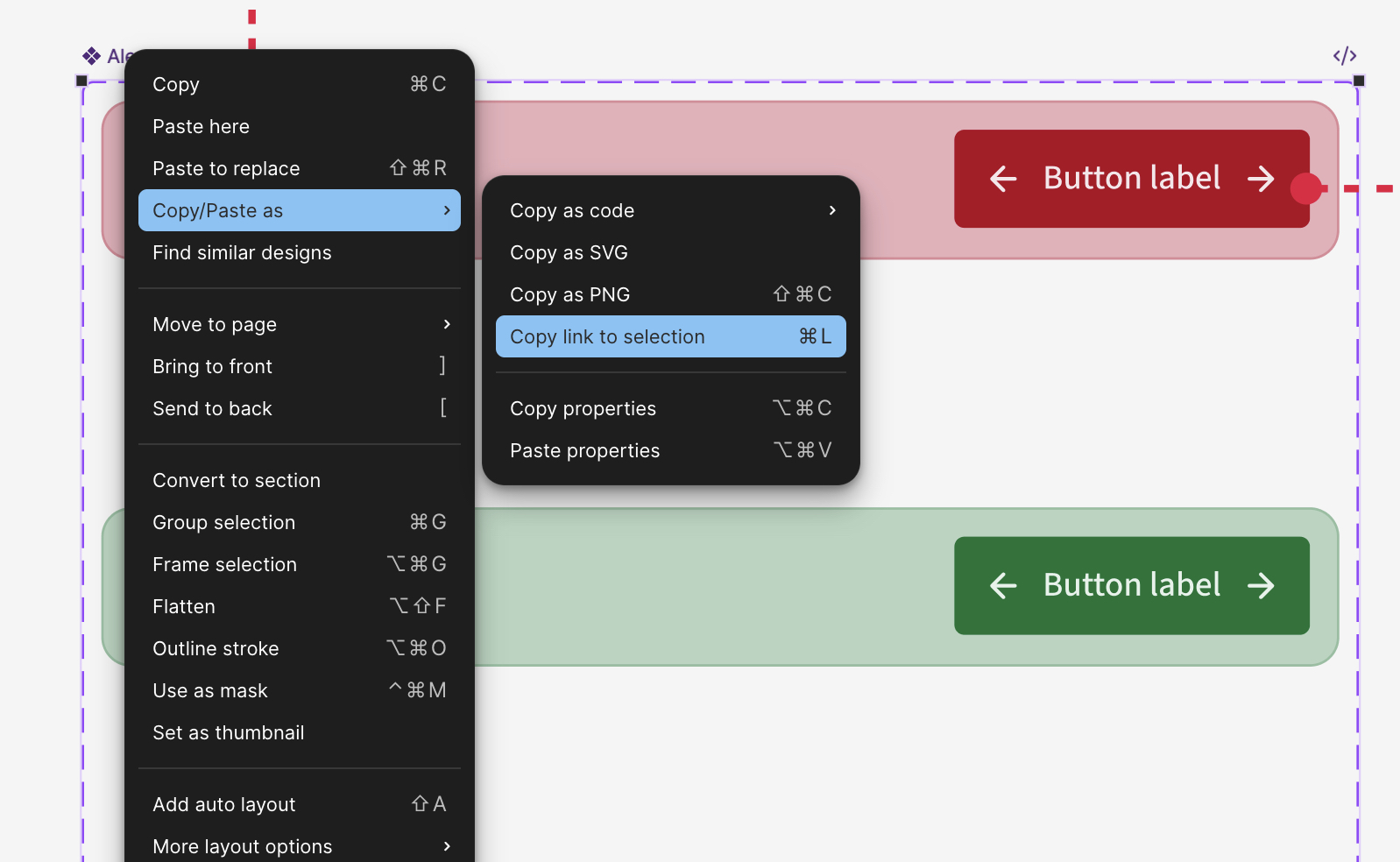 “Copy Link to Selection” in Figma mentre si copia il link di un componente selezionato.